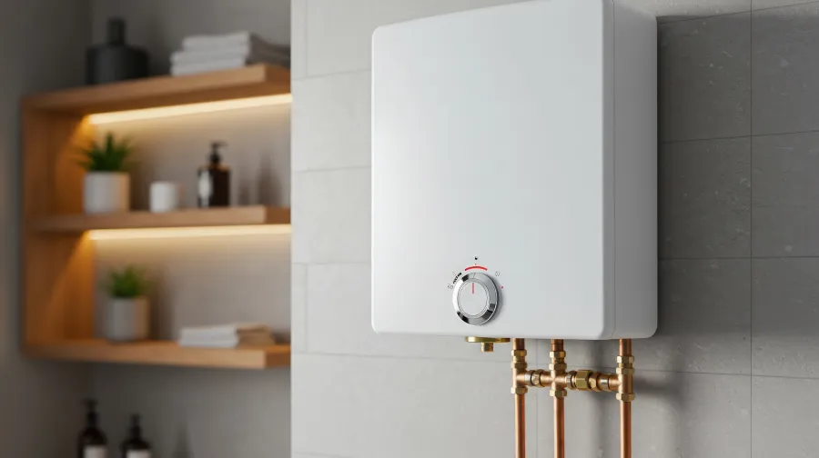 Wall mounted water heater appliance in modern bathroom